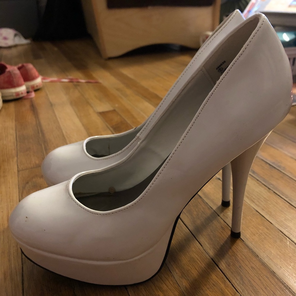 All white patent heels